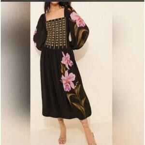 Farm Rio floral midi dress long sleeve dress size M
